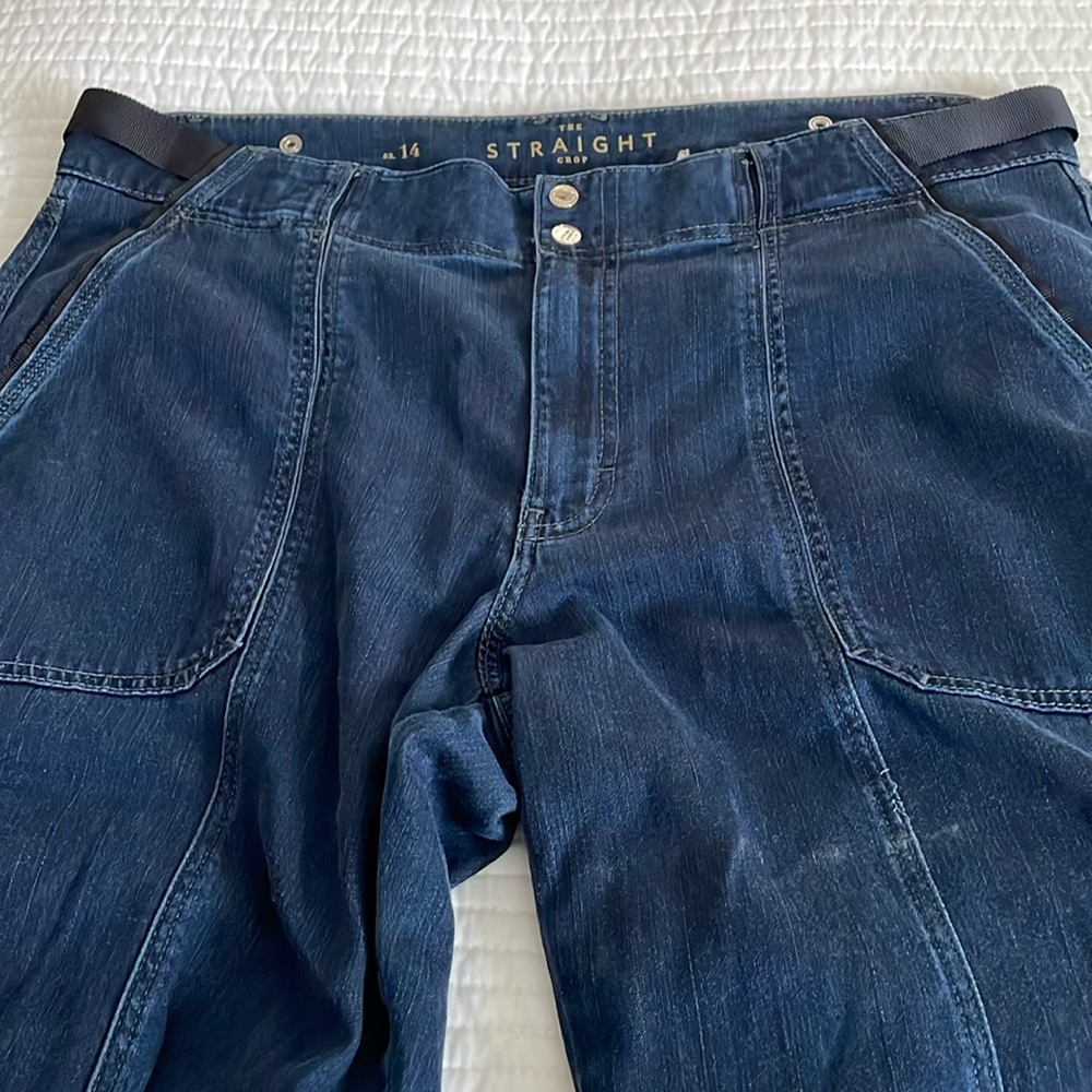 White House Black Market straight crop denim blue pants w/silver button detail